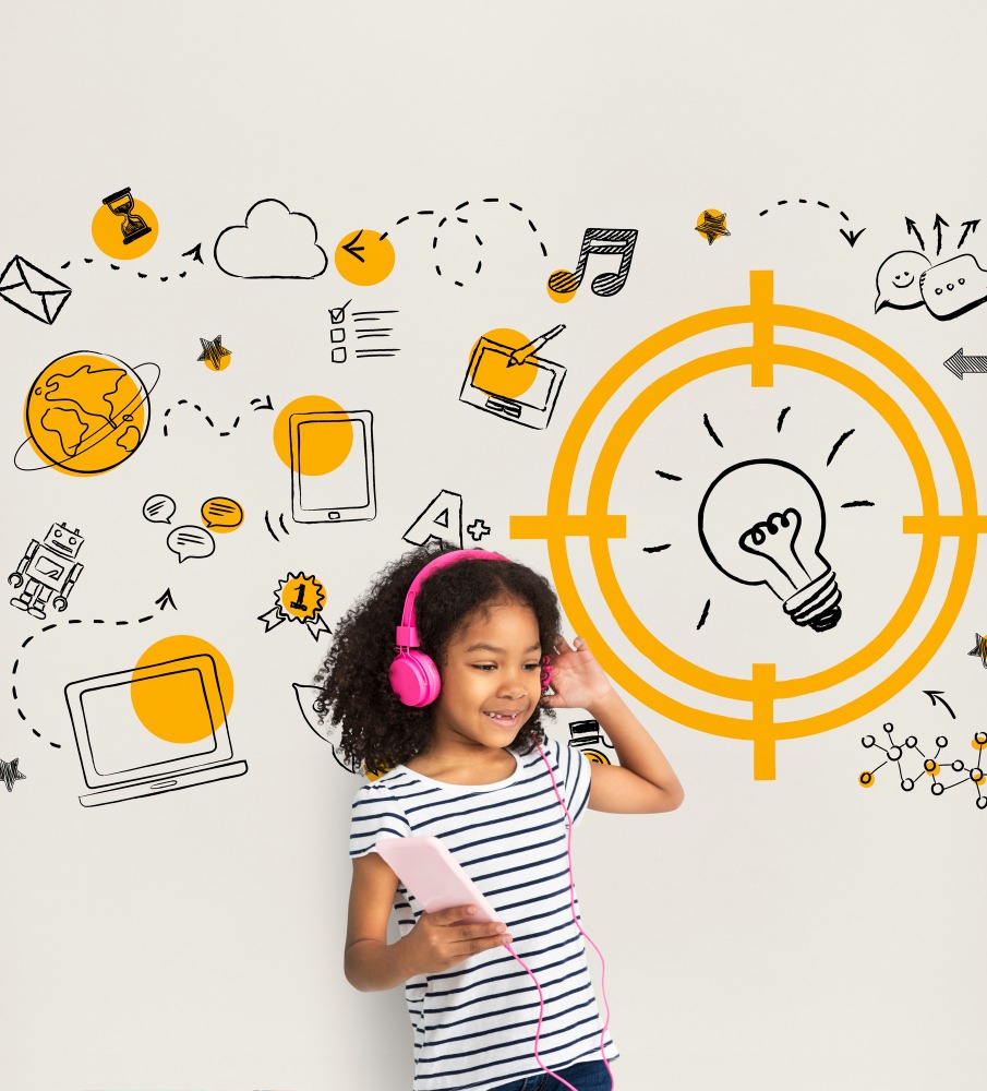 Girl listening to audio with images of digital resources in the background