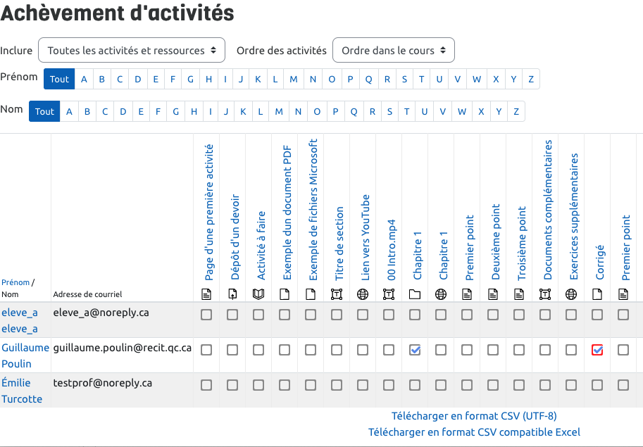 Capture d'écran du journal de suivi d'achèvement montrant des cases cochées et des cases vides selon l'avancement des élèves.