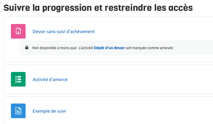 Capture d'écran d'une page montrant un devoir dont l'accès est restraint