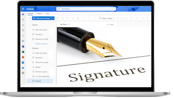 Boite de réception d'Outlook avec une image de crayon et le mot signature. 