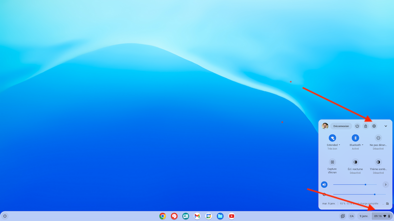 Capture d'écran du Chromebook montrant où cliquer pour accéder aux paramètres