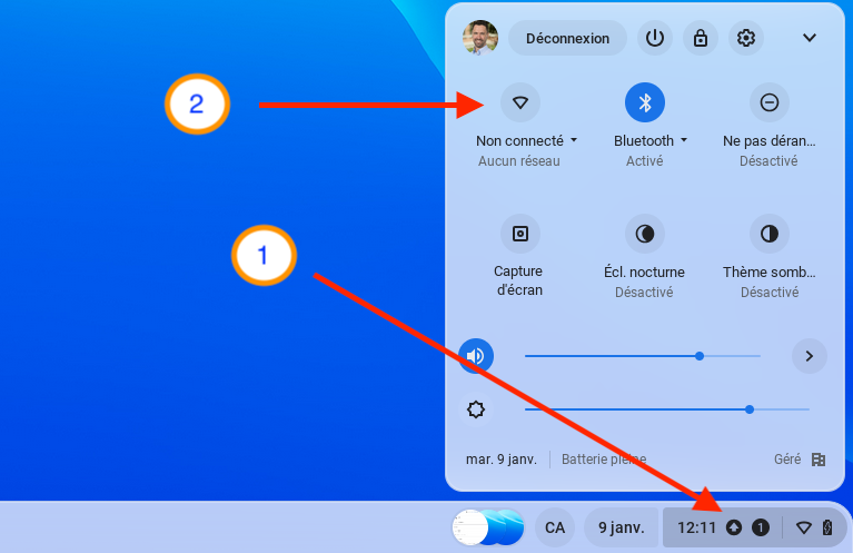 Capture d'écran du Chromebook montrant où cliquer pour accéder aux paramètres