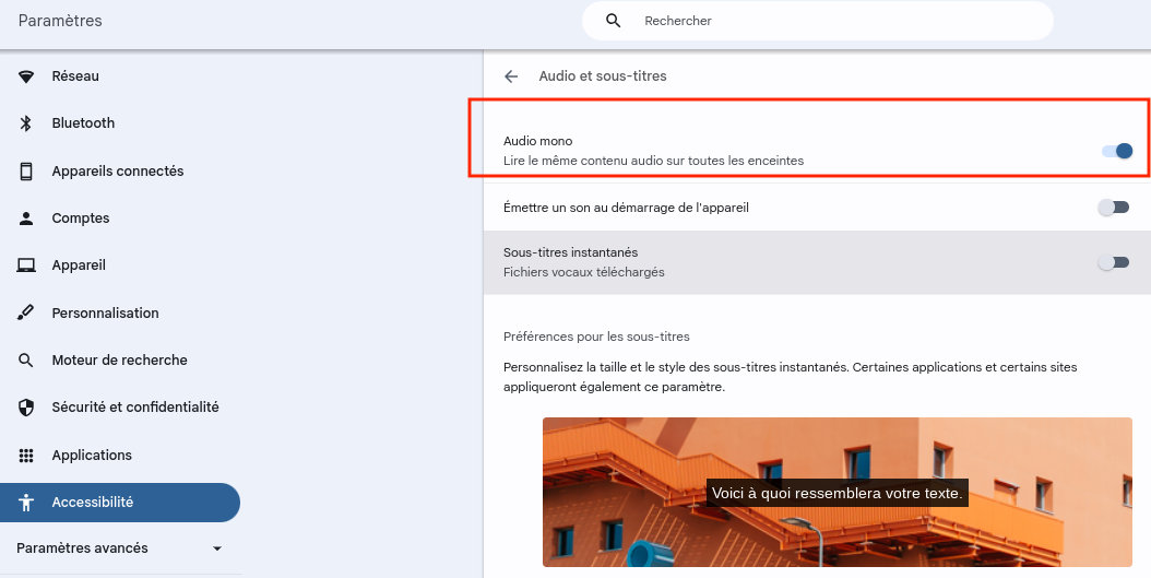Image montrant les préférences audio pour activer l'audio mono