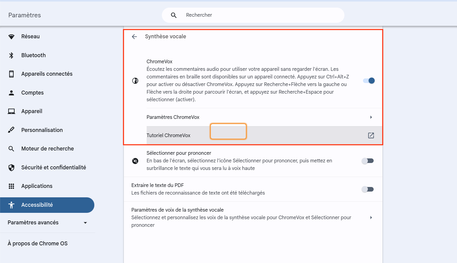 Capture d'écran montrant où activer ChromeVox