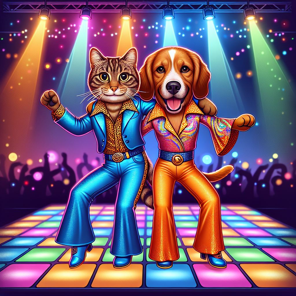 Crée-moi une image originale, d'un chien qui danse avec un chat dans une discothèque aux allures disco.  Leurs faces doivent