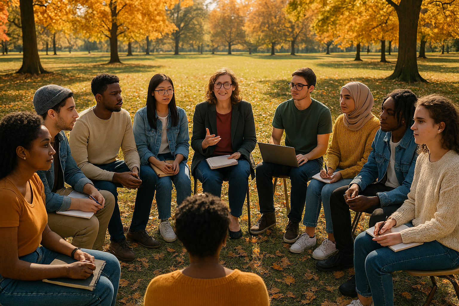 Représentation visuelle d'une salle de classe post-secondaire à l'extérieur dans un parc.