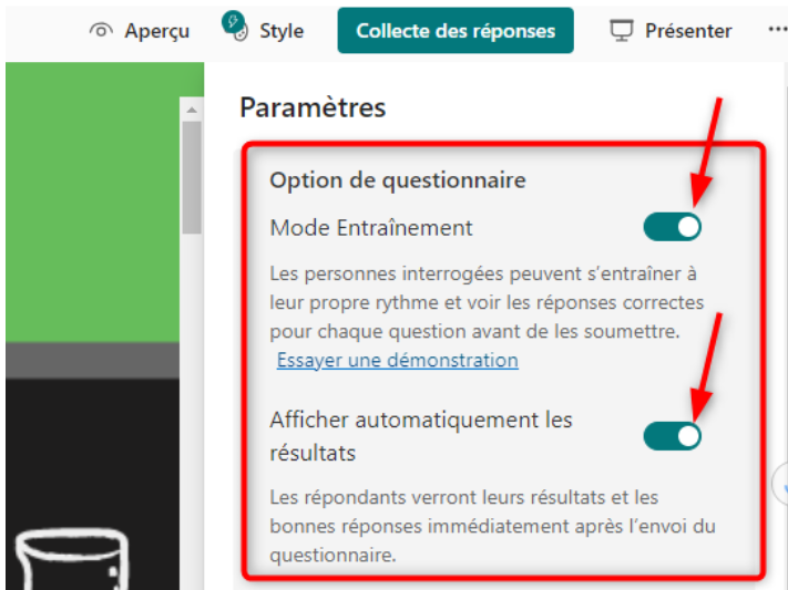 Activer le mode entrainement et afficher automatiquement les résultats