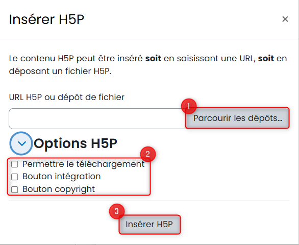 Options de dépôt d'activités H5P dans Moodle