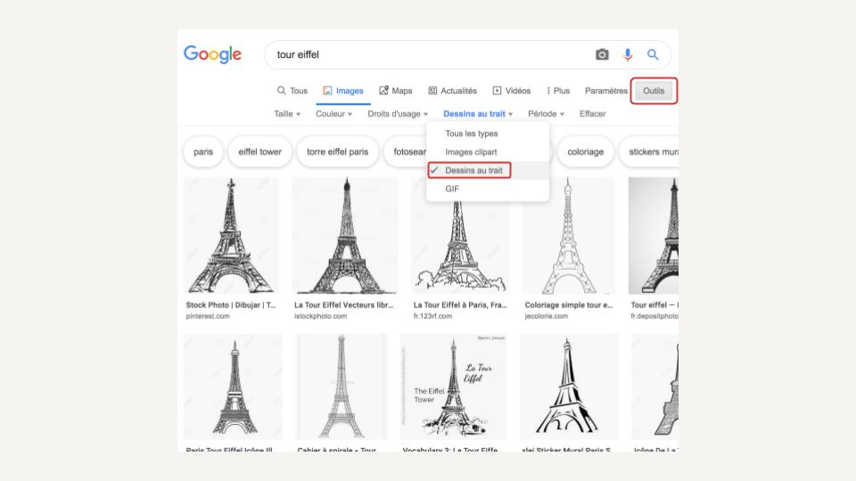 Capture d'écran du filtre «&nbsp;Dessins au trait »&nbsp;dans Google Images.