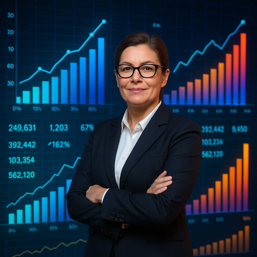 Image d'une gestionnaire sur un fond où nous pouvons y voir des données, des graphiques.