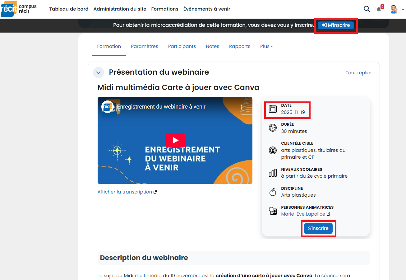 Capture d'écran montrant les boutons M'inscrire et S'inscrire