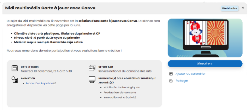 Capture d'écran de la promotion d'un webinaire à partir du calendrier des évènements