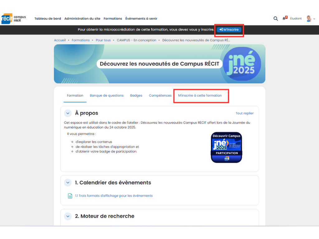 Capture d'écran montrant les boutons M'inscrire