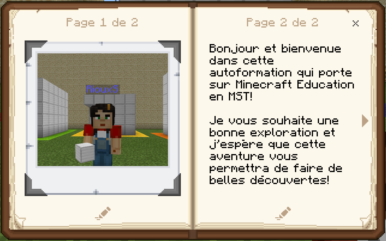 Bonjour et bienvenue dans cette autoformation qui porte sur Minecraft Education MST! Je vous souhaite une bonne exploration!