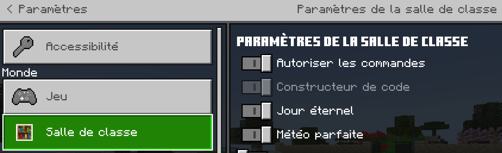 Les paramètres de la salle de classe sont dans le menu de gauche.