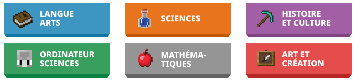 Image qui montre les différentes sections pour chaque discipline sur le site Minecraft Education. 