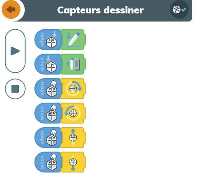 Le programme montrer le bloc « Quand » et « Abaisser le stylo » et d'autres actions programmées par les différents capteurs.