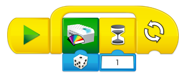 Blocs : jouer, début de la boucle, couleur avec dé, sablier avec temps de pause, fin de la boucle
