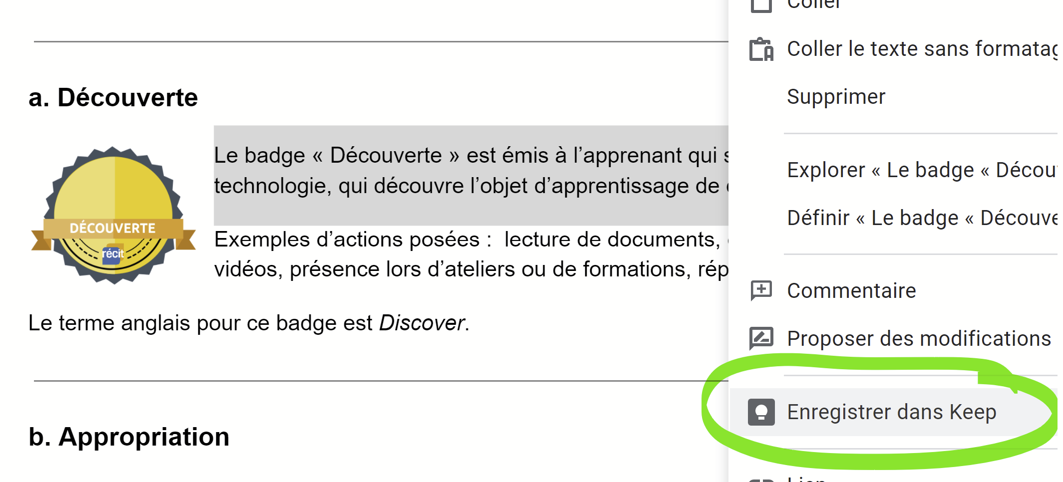 Accès la fonction Enregistrer dans Keep