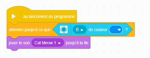 Bloc départ, bloc orange attendre jusqu'à ce que, bloc hexagonal capteur de couleur à bleu et bloc jouer le son jusqu'au bout